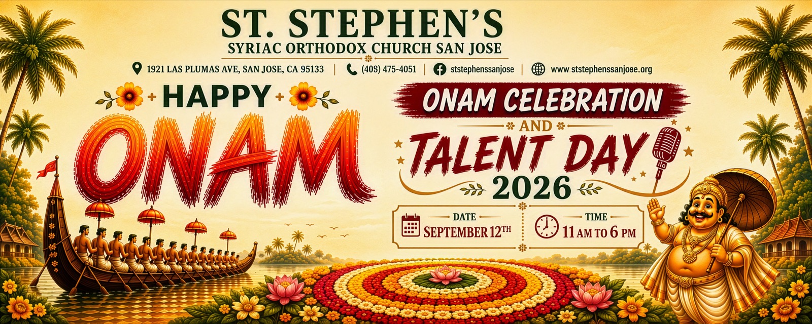 St. Stephen's Syriac Orthodox Church San Jose — Onam Celebration and Talent Day 2026, Saturday September 12th, 11 AM to 6 PM